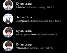 a screenshot of a conversation between dylan uhara and jensen lua