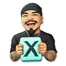 a cartoon of a man with a beard holding a square with the letter x on it