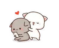 a cartoon of a cat hugging another cat while the cat is holding a cell phone