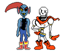 a pixel art drawing of a skeleton and a troll standing next to each other