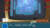 a video game character says " it looks like me " in front of a screen