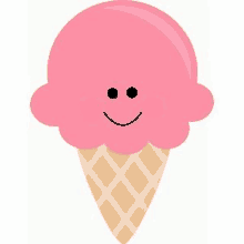 a strawberry ice cream cone with a smiling face on it .