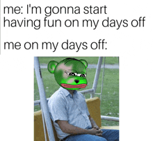 a meme of a man sitting on a swing with a green frog on his face