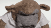 a stuffed animal wearing a white t-shirt