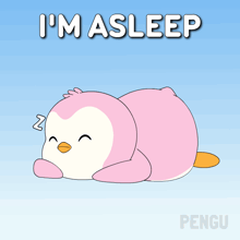 a cartoon of a pink penguin sleeping with the words i 'm asleep above it