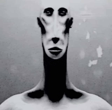 a black and white photo of a person 's face with a long neck and eyes .