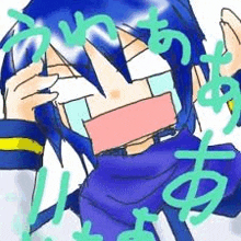 a drawing of a person with blue hair and a scarf around their mouth .