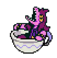 a pixel art drawing of a purple and pink monster sitting in a cup