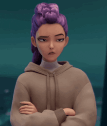 a girl with purple hair is wearing a brown hoodie