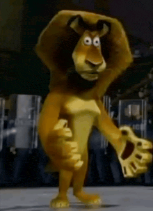 a cartoon lion is standing in front of a crowd of police