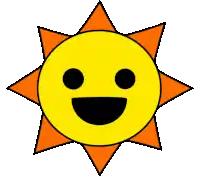 a cartoon drawing of a smiling sun with black eyes