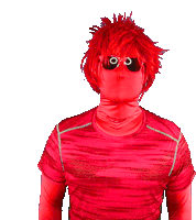 a person wearing a red shirt and sunglasses has a red wig on