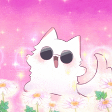 a cartoon cat wearing sunglasses is surrounded by daisies