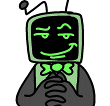 a cartoon character with a tv head and antennas is wearing a bow tie and a suit .