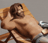 a shirtless man is laying on a chair with a cigarette in his mouth and the words yassturrets on the bottom right