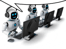 a group of robots wearing headphones and headsets are sitting at computer monitors