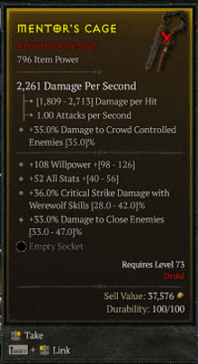 a video game item called mentor 's cage shows damage per second