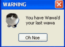 a warning message with a picture of a cat and a button that says oh noe