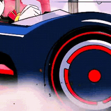 a cartoon character is driving a blue car with a red wheel