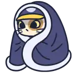 a cartoon cat wrapped in a blue blanket with a hat on .