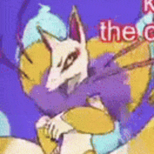 a cartoon drawing of a fox wearing a purple and yellow costume .