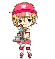 a cartoon character is holding a tray of ice cream and a drink
