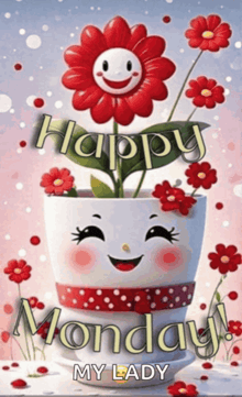 a happy monday message with a flower in a pot