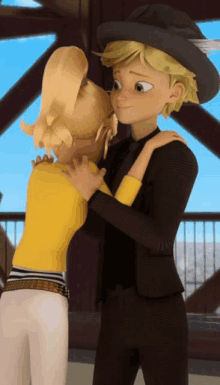 a boy and a girl are kissing in a cartoon scene