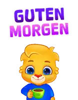 a cartoon character holding a cup of coffee with the words guten morgen above him