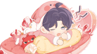 a cartoon of a boy sleeping on a pillow with a stuffed animal