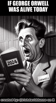 a black and white drawing of a man reading a book with the year 2024 on it