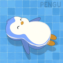 a cartoon of a penguin floating in a pool with the word pengu below it