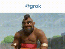 a cartoon of a man with a beard and mohawk holding a sword with the words @grok above him .
