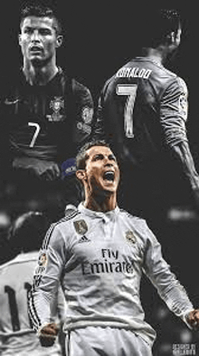 a collage of photos of a soccer player , cristiano ronaldo , in a fly emirates shirt .