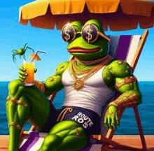 a green frog is sitting in a beach chair holding a drink and wearing sunglasses .