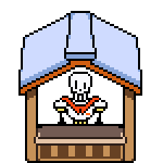 a pixel art drawing of a skeleton in a dog house .