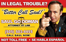 an ad for saul goodman attorney at law shows a man pointing