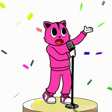 a pink cat is singing into a microphone
