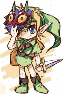 a drawing of link holding a sword and wearing a purple mask