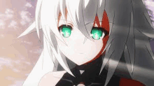 a girl with white hair and green eyes is looking at the camera .