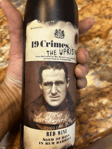 a person is holding a bottle of 19 crimes the uprising