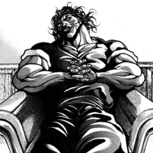 a black and white drawing of a muscular man sitting in a chair .