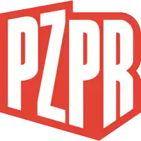 a red and white pzpr logo with a white background