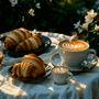 two croissants and a cup of coffee on a table with flowers in the background