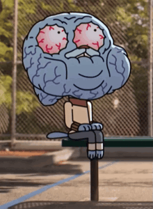 gumball from the amazing world of gumball sits on a bench with his eyes closed