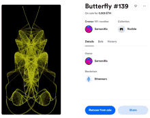 a screen shows a butterfly # 139 on sale for 0.003 eth