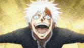 a man with white hair and blue eyes is screaming