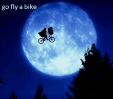 a person is riding a bike in front of a full moon in the night sky .