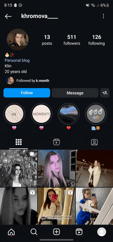 a screenshot of khromova 's instagram page with a blue follow button