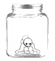 a drawing of a cartoon character sitting inside of a mason jar